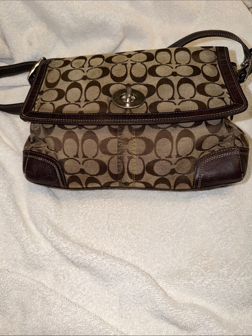 Coach Brown Signature Canvas Turnlock Crossbody